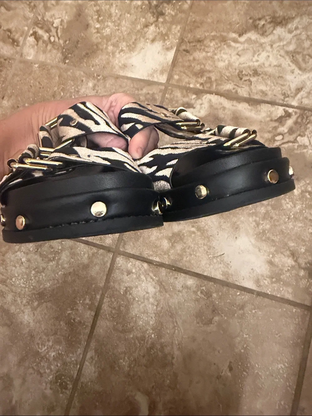 BCBGeneration Zebra-Print Double Buckle Slide Sandals in Black and Tan